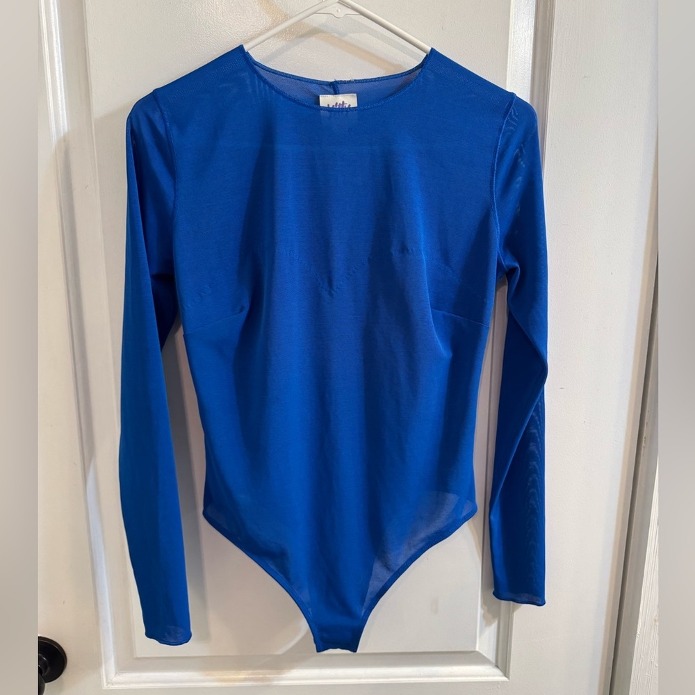 Yitty Mesh Me Smoothing Sleeved Thong Bodysuit Bright A** Blue Medium